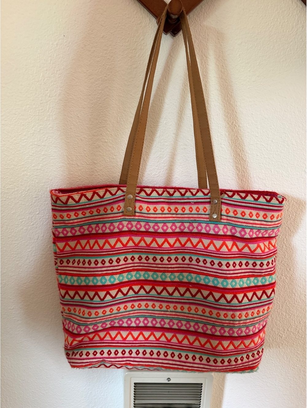 Colorful Patterned Tote Bag with Yellow Interior and Brown Straps